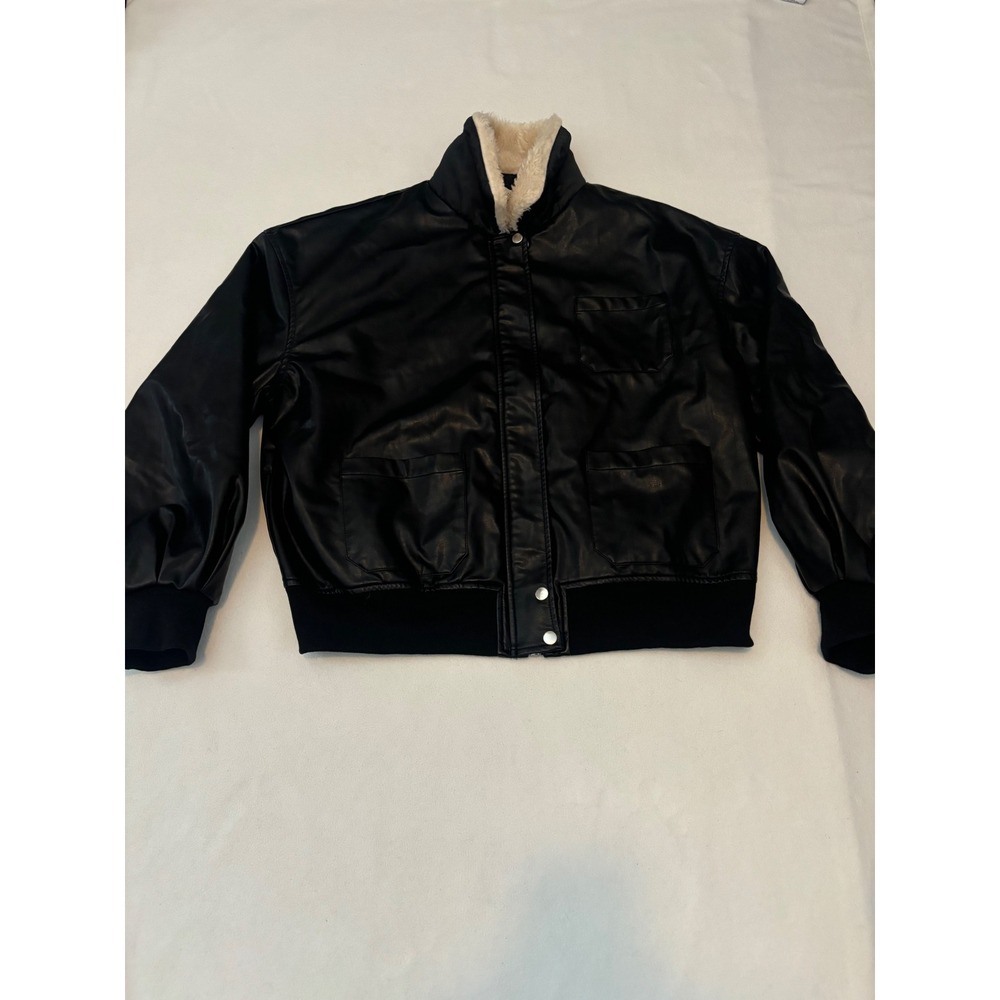 Whiteroom + Cactus Mens XL Faux Leather Bomber Jacket Black Faux Fur‎ Collar XL